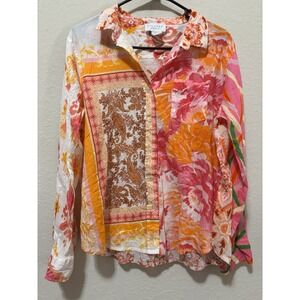 Calypso St Barth Boho Patchwork Blouse L Pink Orange Paisley Floral Resort Tunic